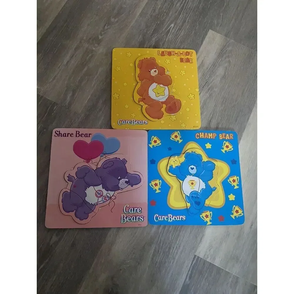 Care Bear Wooden Inlay Puzzles Tenderheart Love-a-Lot Laugh Funshine Bears 3 PCs